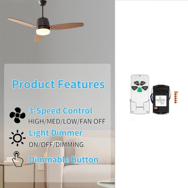 Smekitlly 2-Pack Universal Ceiling Fan Remote Kit with Light Dimmer - 3-Speed Smart Control for Hunter/Hampton Bay/Honeywell & Major Brands | Wide Compatible, Easy DIY Install - Image 4